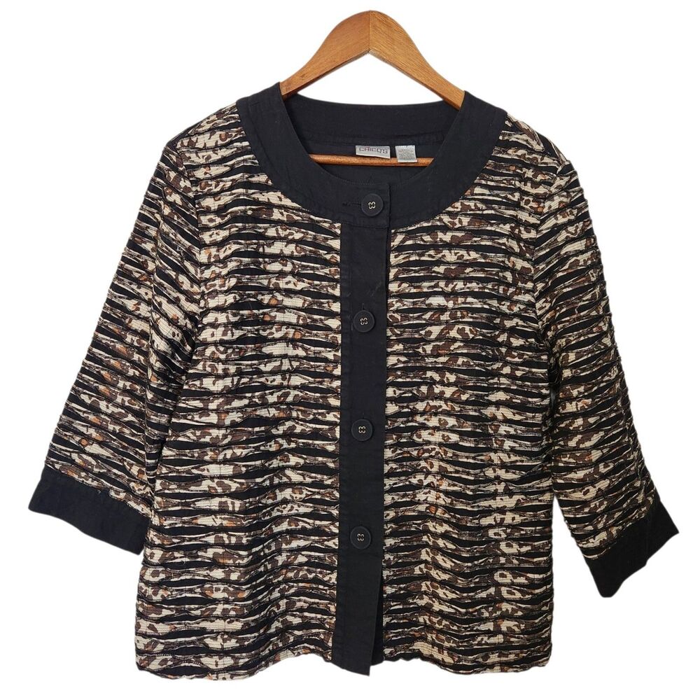 Chicos Textured Applique Leopard Print Button Career Jacket 3/4 Sleeve Sz 2 (L)